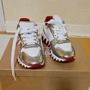 Christian Louboutin Kids White and Gold Sneakers